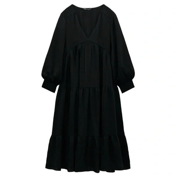 Zara Women Textured Midi Tiered Dress Sz L Black V Neck Boho Relaxed Vacation - Picture 2 of 9